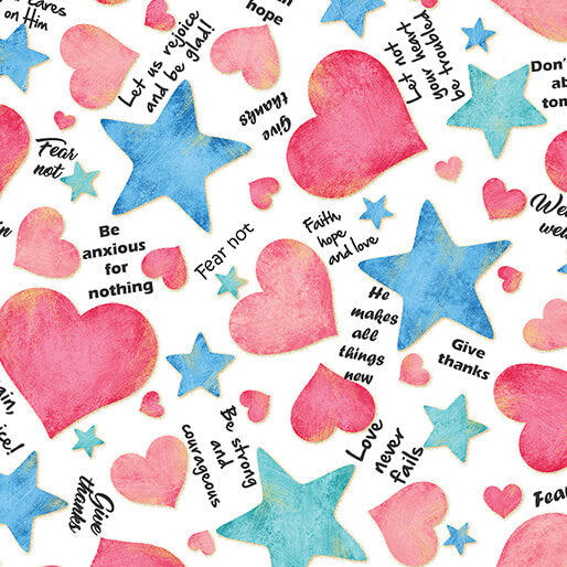 UpWords-Hearts and Stars in White from Benartex Fabrics