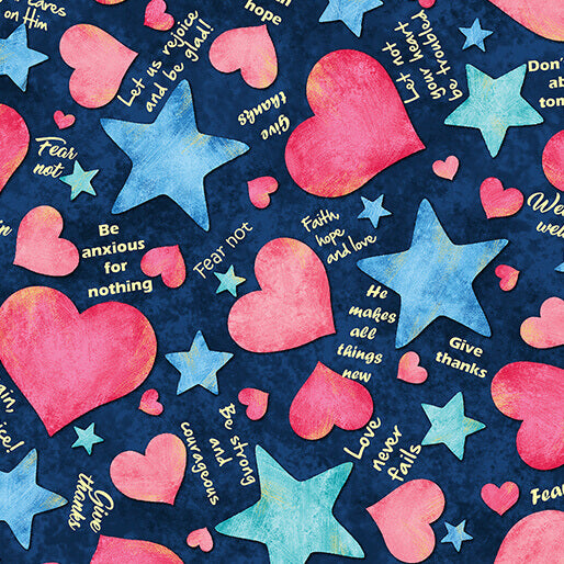 UpWords-Hearts and Stars in Navy from Benartex Fabrics
