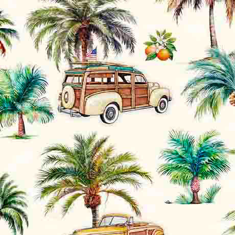 California Dreaming-Palms Trees & Cars in Ecru from QT Fabrics