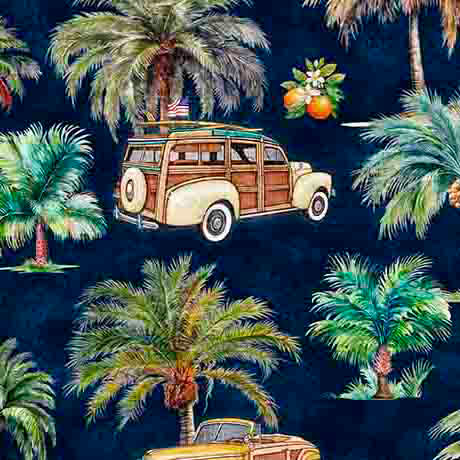 California Dreaming-Palm Trees & Cars in Midnight from QT Fabrics