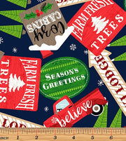 Navy Christmas Cotton Fabric, Ski Lodge Signs from Kanvas