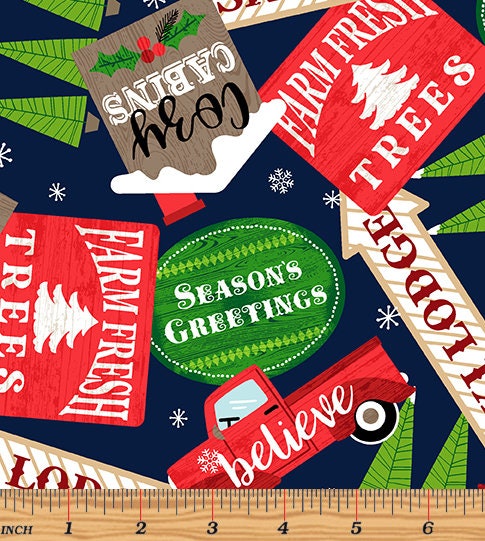 Navy Christmas Cotton Fabric, Ski Lodge Signs from Kanvas