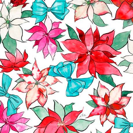 Poinsettias and Bows in White from the Holiday Party Collection by ©Micki Williams for INK & ARROW from QT Fabrics- 100% Cotton