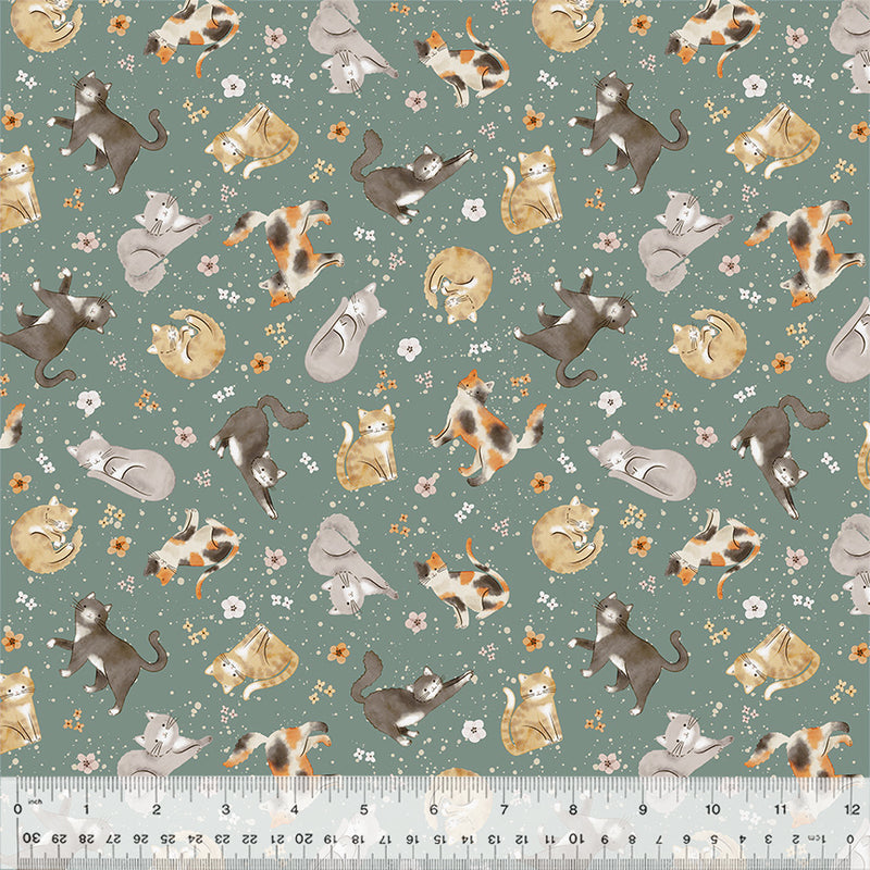 Feline Friends in Sage from the Petal & Purr Collection by Whistler Studios - Windham Fabrics