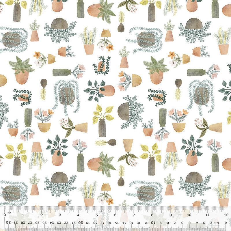 Potted Plants in White from the Petal & Purr Collection by Whistler Studios - Windham Fabrics