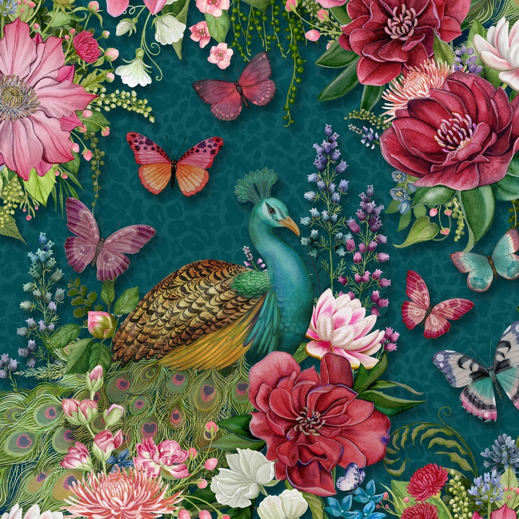 Peacocks and Flowers-Teal from Lumin Fabric's Wild Garden Collection by Nicole Tamarin