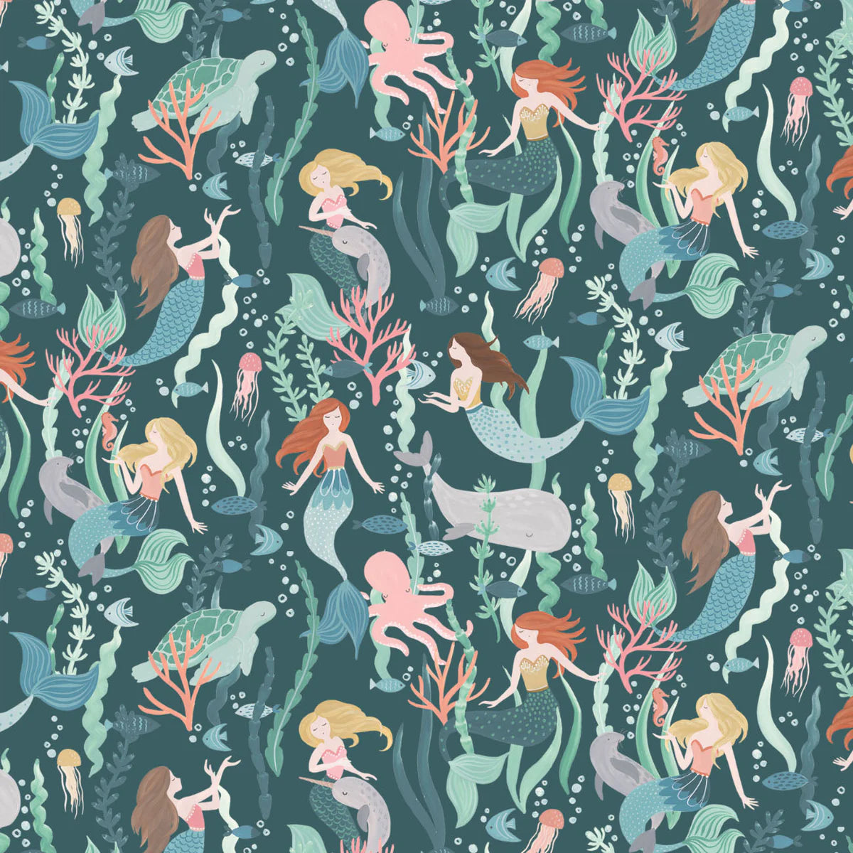 Minky -MERMAID OCEAN LIFE in TEAL from EZ Fabrics - 60" Wide