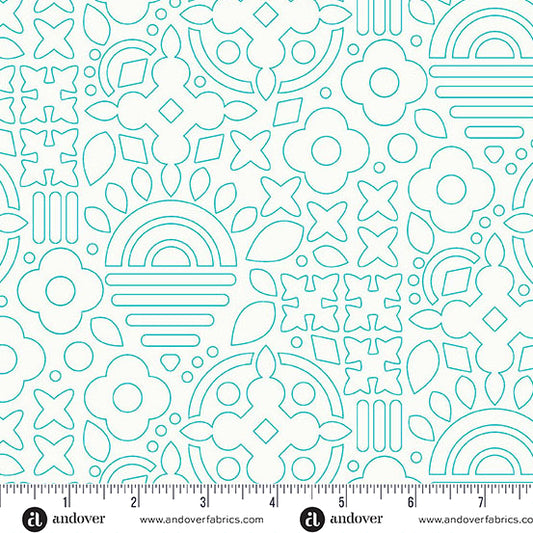 Stencil in Teal from the Sun Print Whisper Collection by Allison Glass - Andover Fabric