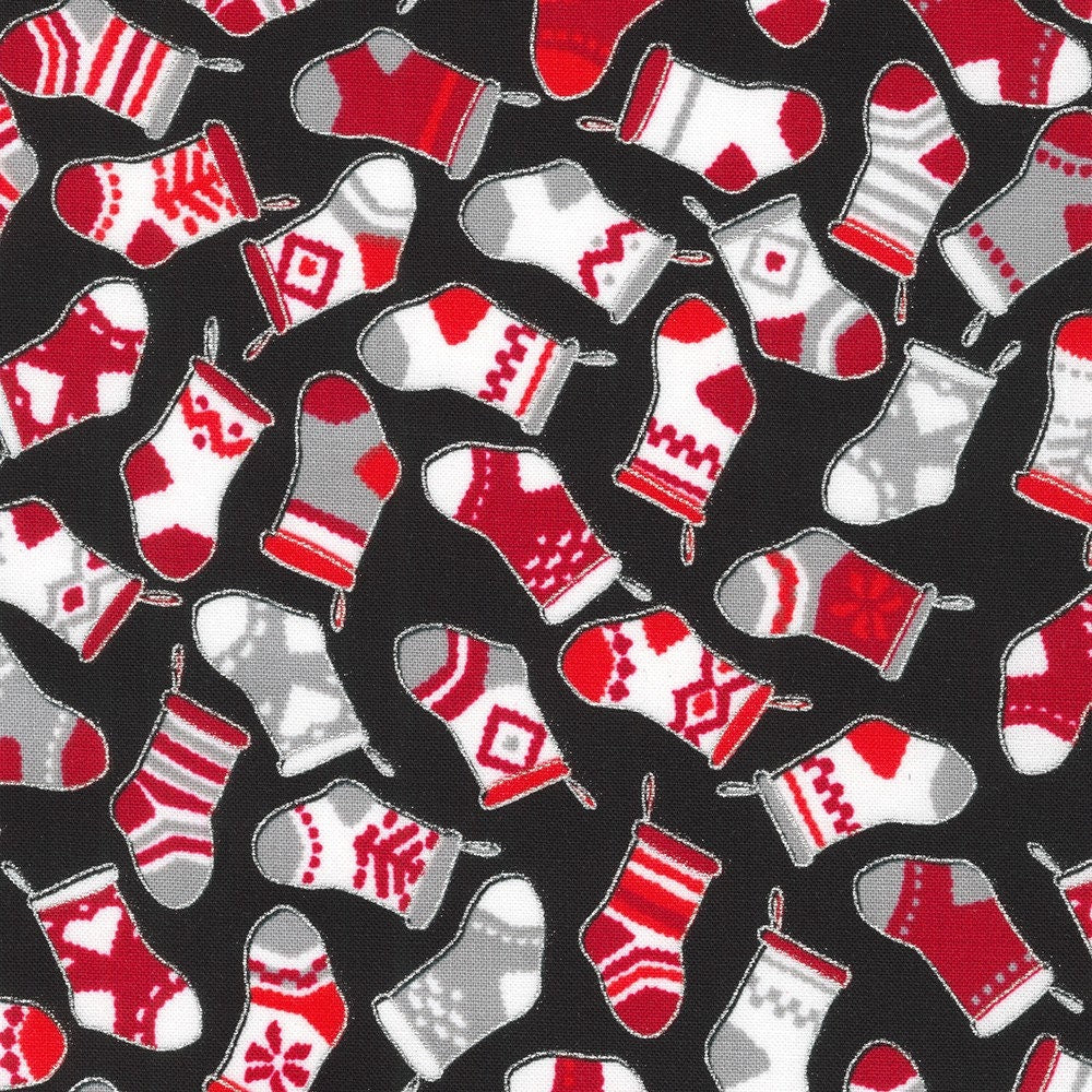 Metallic Christmas Stockings in Onyx from Holiday Charms Christmas Collection for Robert Kaufman Fabric - 100% High Quality Cotton