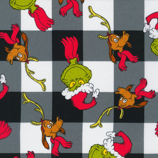 Grinch Character Toss on Black & White Gingham from the How the Grinch Stole Christmas Collection by Dr. Seuss Enterprises - Robert Kaufman