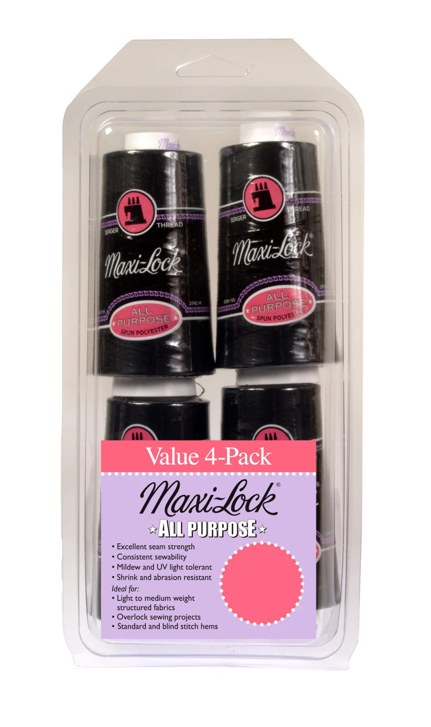 Serger Thread - 4 Pack of BLACK Maxi-Lock All Purpose Thread Set
