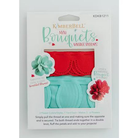 Kimberbell Pull Flowers - Vintage Blooms Mini Bouquets, Includes 3 Unique Colored & Scalloped Ribbons, 36" Long Each Strand, Iron-Friendly & Machine Washable, Pair with Red, White & Bloom Quilt