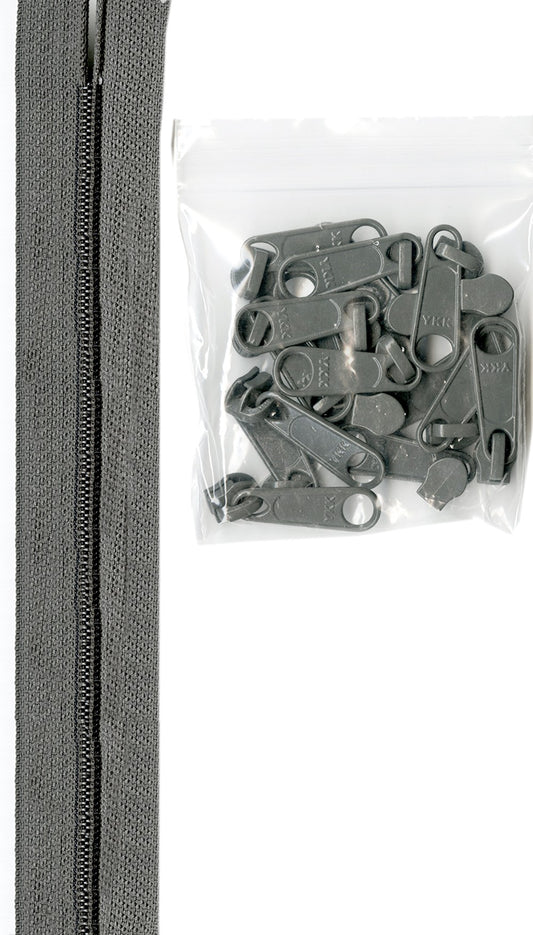 4 Yards Of Pewter Zipper Tape With 16 Color-Coordinated Extra Large Pulls From Byannie