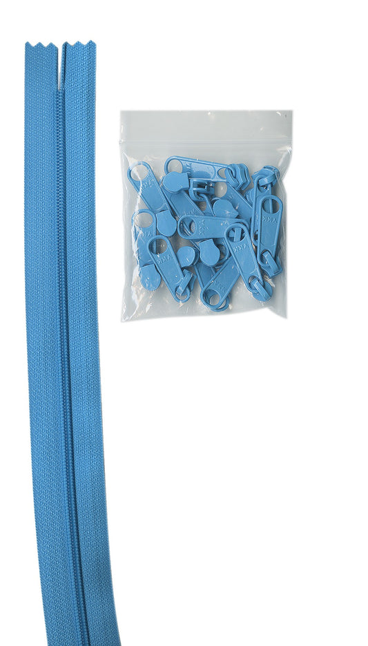 4 Yards Of Parrot Blue Zipper Tape With 16 Color-Coordinated Extra Large Pulls From Byannie