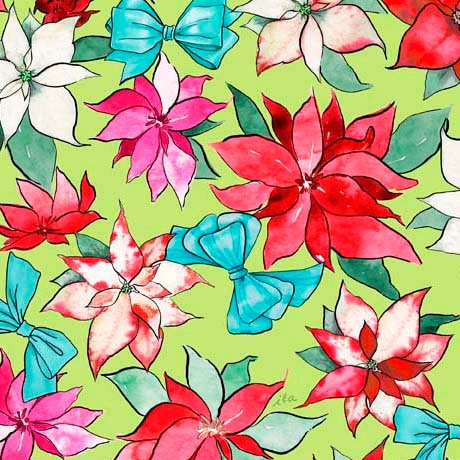 Poinsettias and Bows in Lime from the Holiday Party Collection by ©Micki Williams for INK & ARROW from QT Fabrics- 100% Cotton
