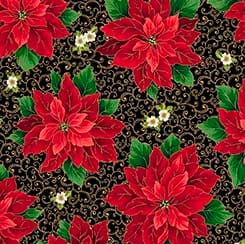 Poinsettia and Scroll in Black from the Poinsettia Symphony Collection from QT Fabrics - 100% Cotton