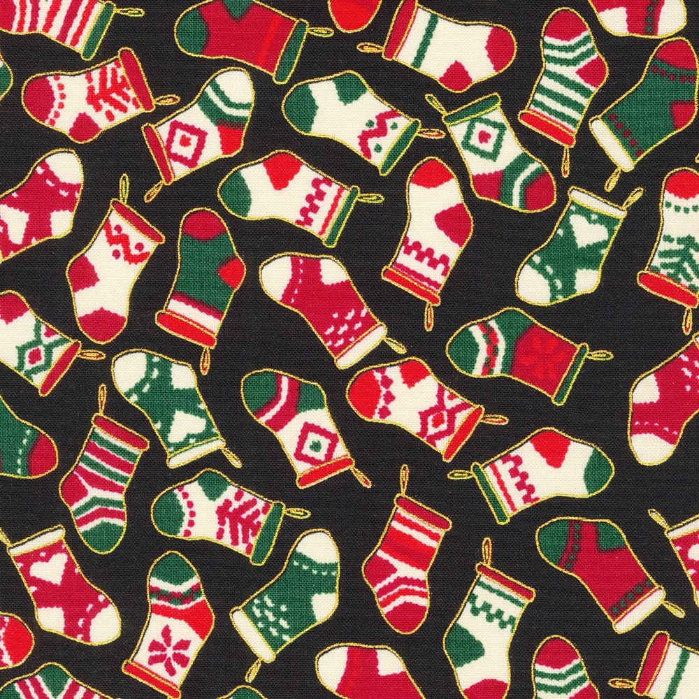 Metallic Christmas Stockings in Black from Holiday Charms Christmas Collection for Robert Kaufman Fabric - 100% High Quality Cotton
