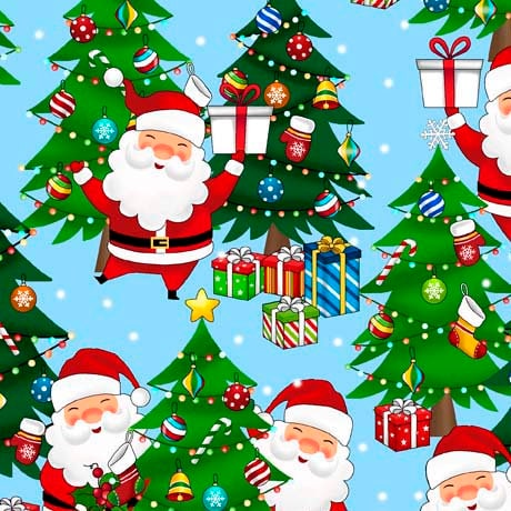 Santas and Christmas Trees in Blue from the Christmas Favorites Collection by ©EunYoung for QT Fabrics - 100% Cotton