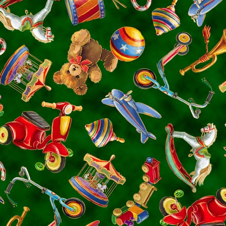 Tossed Toys in Forest Green from Santa's Night Out Christmas Collection by Marcello Corti for QT Fabric - 100% High Quality Cotton