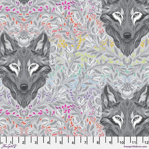 Tula Pink Grayworks Preorder - Wolf of Pink Street in Fog