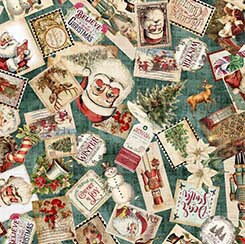 Christmas Collage in Dusty Teal from the Wonderful Christmastime Collection by ©Morris Creative Group for QT Fabrics - 100% Cotton