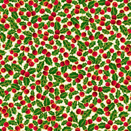 Packed Berries in Beige & Red from Lavish Poinsettias Collection by QT Fabrics - 100% Cotton Fabric