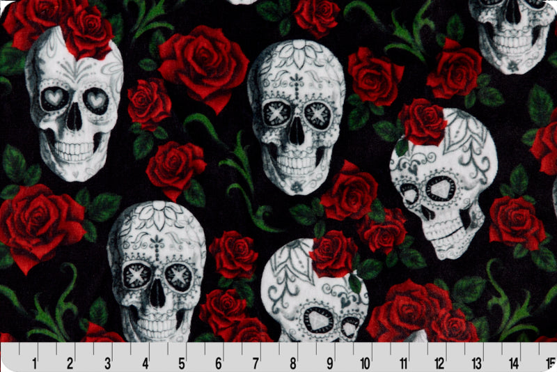 Minky - Skull N Roses Digital Cuddle Scarlet From Shannon Fabrics - 60" Wide