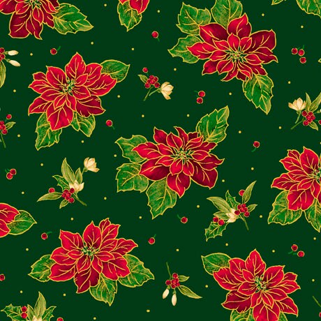 Spaced Poinsettias in Green & Red from Lavish Poinsettias Collection by QT Fabrics - 100% Cotton Fabric