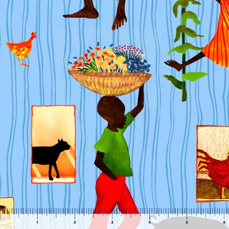 Scenic Toss Africa Daily Life in Blue from Joyful Days Collection by Julia Cairns for QT Fabrics - 100% Cotton - You Choose the Cut