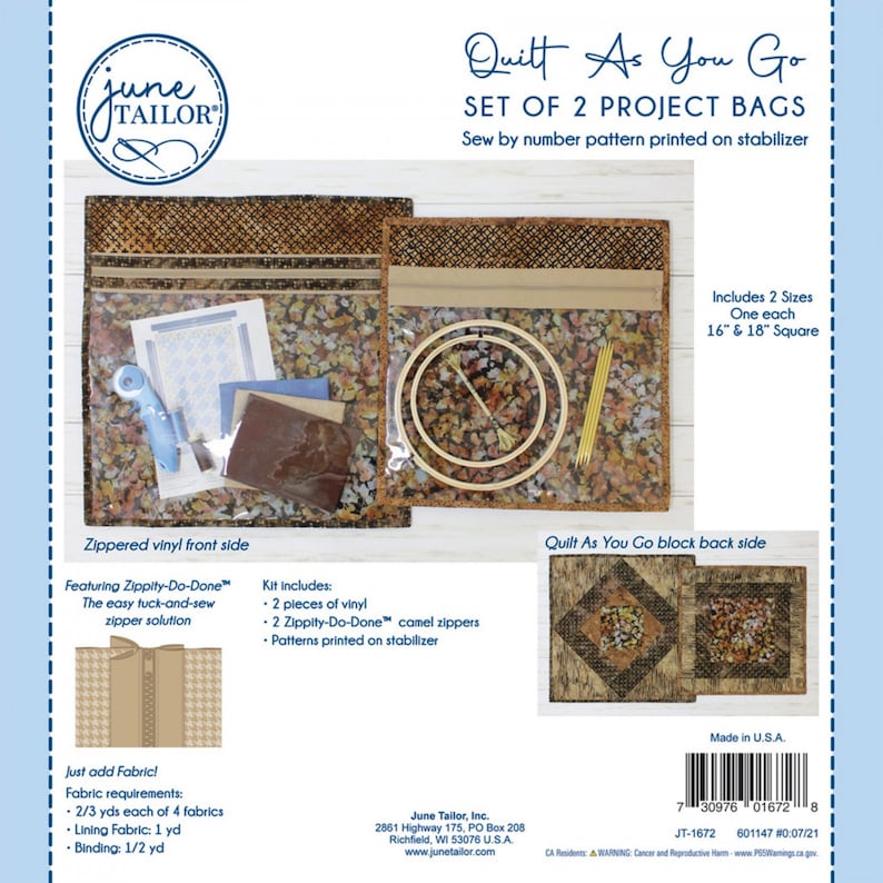 Quilt as You Go - 2 Project Bags from June Tailor with CAMEL Zippity-Do-Done Zippers