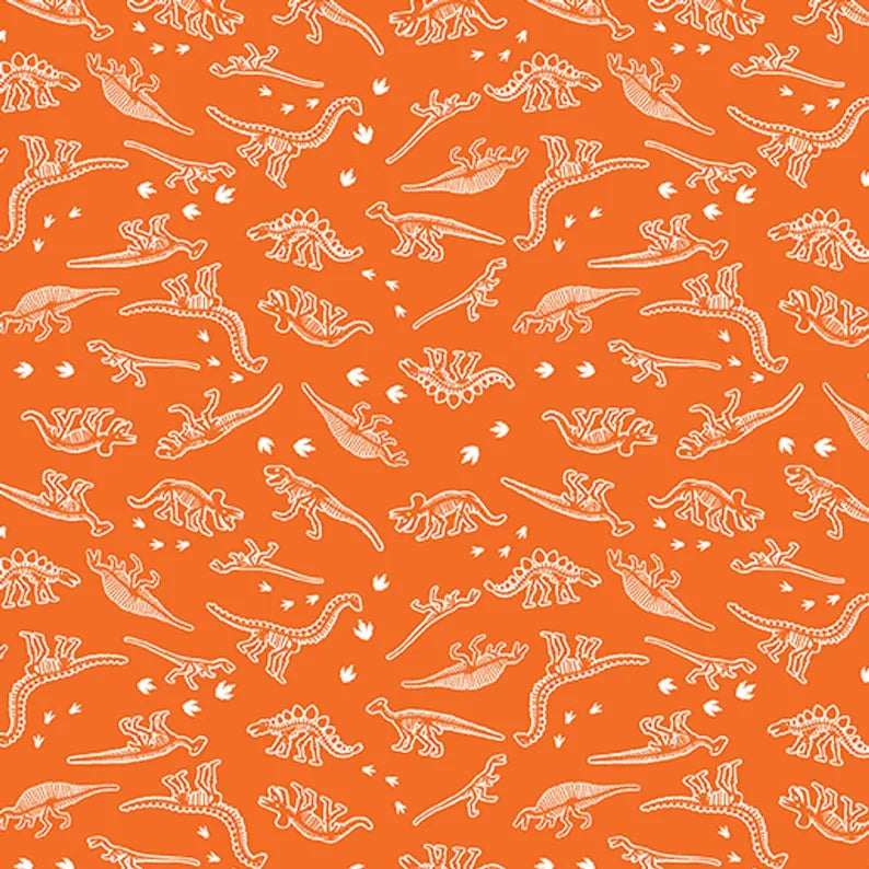 Mini Dino Skeletons in Orange from the Glow-O-Saurus Collection by Kanvas Studios for Benartex Fabrics by the Yard - 100% Cotton