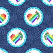 The Very Hungry Caterpillar Bright- Rainbow Hearts in Dark Blue by Andover Fabric
