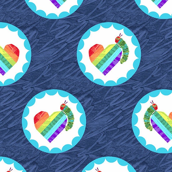 The Very Hungry Caterpillar Bright- Rainbow Hearts in Dark Blue by Andover Fabric