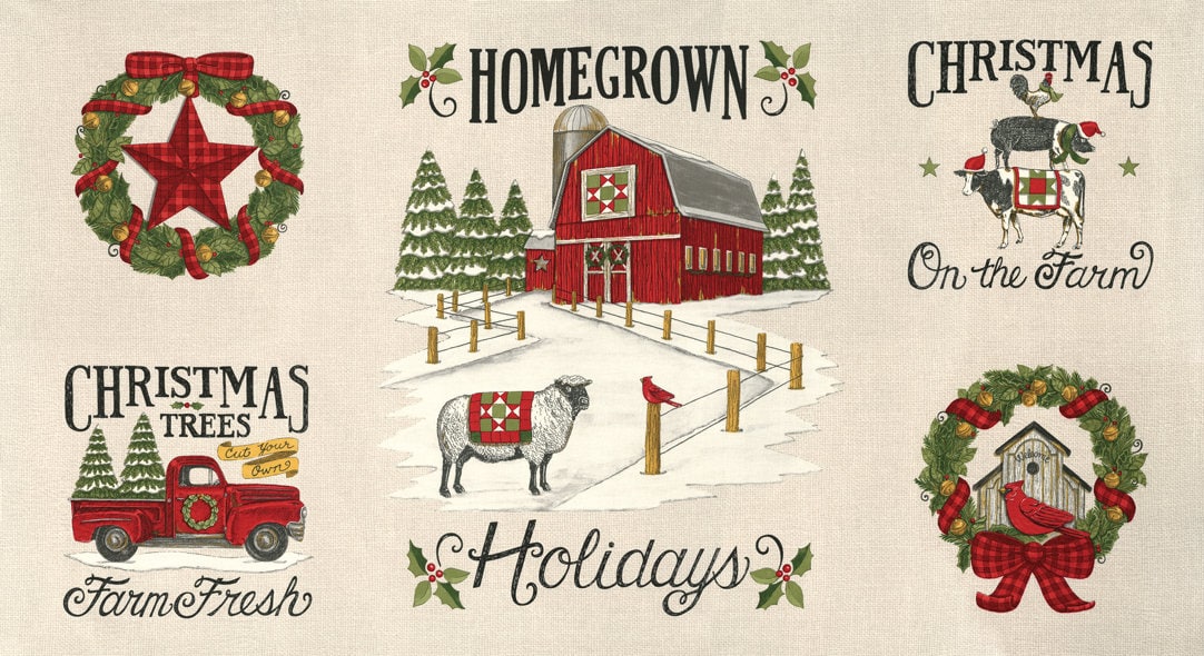 Christmas Country Farm PANEL in Winter White from Homegrown Holidays Collection by Deb Strain for Moda Fabric- Approx 24"x44"