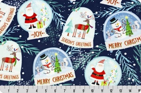 END OF BOLT 84" x 60" (2yds 12in) Christmas Fabric Snow Globes Digital Cuddle® in Navy from Shannon's Warm and Plush Minky Fabric 2.5mm Pile
