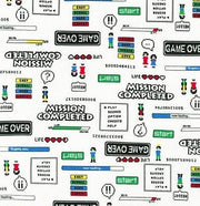Retro Video Game Words in White from Robert Kaufman Fabric's Musings Collection-  100% Cotton
