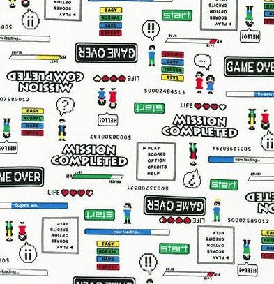 Retro Video Game Words in White from Robert Kaufman Fabric's Musings Collection-  100% Cotton