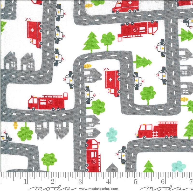 Five Alarm Firefighters and Police in Cloud from the On the Go Collection by Moda Fabric BY THE YARD - 100% Quilt Shop Cotton