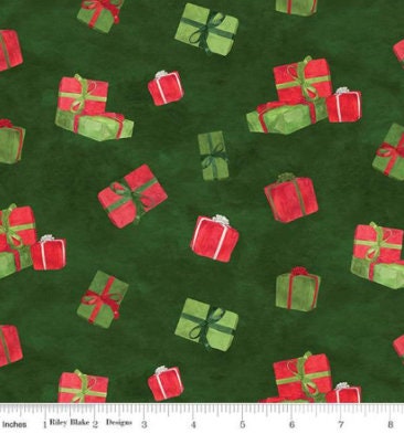 CHRISTMAS FLANNEL Tossed Presents in Green from the Gnome for Christmas Collection by Tara Reed for Riley Blake Fabric - 100% Cotton Flannel