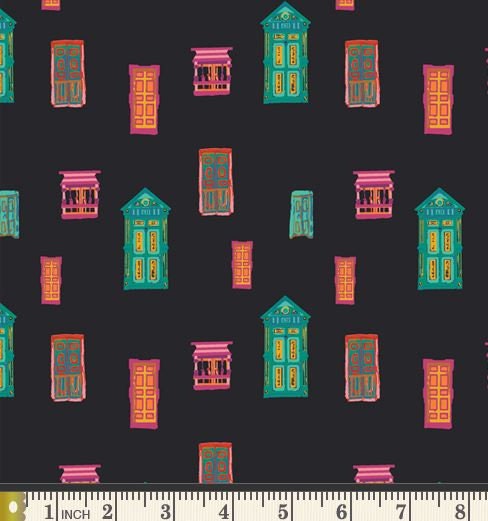Andean Town Colorful Houses in Black from Andina Collection by Art Gallery Fabrics - 100% High Quality Quilt Shop Cotton