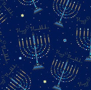 Menorahs in Navy Blue from Hanukkah Greetings Collection for QT Fabric - 100% High Quality Cotton