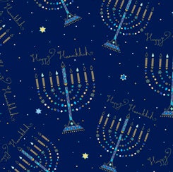 Menorahs in Navy Blue from Hanukkah Greetings Collection for QT Fabric - 100% High Quality Cotton