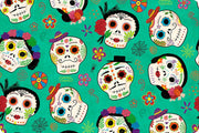 End of Bolt 82" x 60" - MINKY - Day of the Dead Sugar Skulls Smooth Digital Cuddle® in Seafoam from Shannon Fabric- Halloween