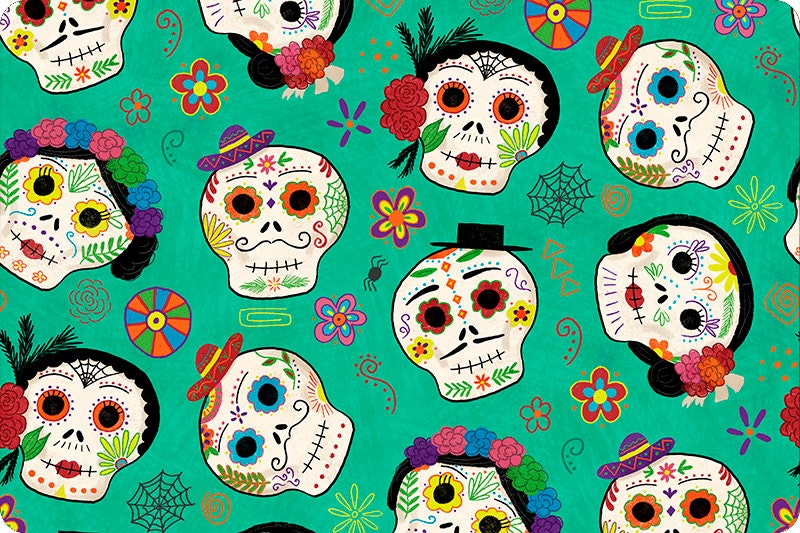 End of Bolt 82" x 60" - MINKY - Day of the Dead Sugar Skulls Smooth Digital Cuddle® in Seafoam from Shannon Fabric- Halloween
