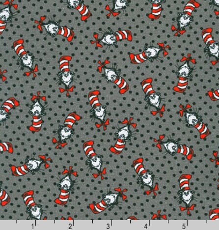 Cat in the Hat Small Toss in Gray from Dr. Seuss Fabric Collection by Robert Kaufman- You Choose the Cut