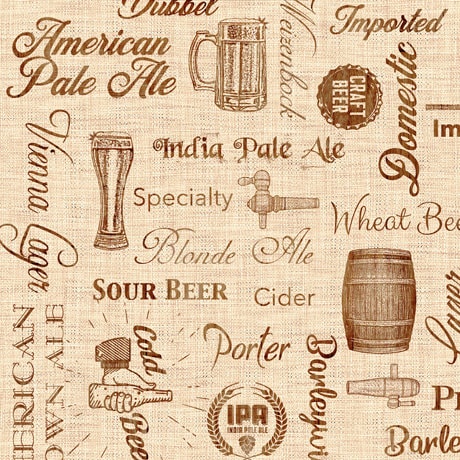 Craft Beer Text Words in Sepia from On Tap Collection by Dan Morris for QT Fabrics- You Choose the Cut