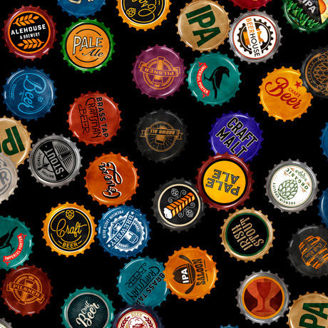 Beer Bottle Caps in Black from On Tap Collection by Dan Morris for QT Fabrics- You Choose the Cut