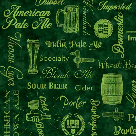 Craft Beer Text Words in Tonal Green from On Tap Collection by Dan Morris for QT Fabrics BY THE YARD - 100% Cotton