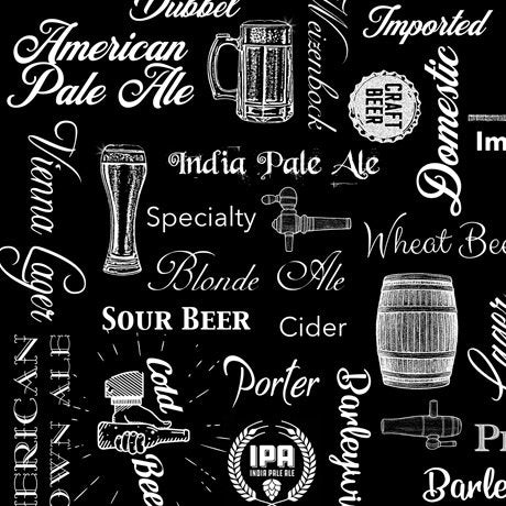Craft Beer Text Words in Black & White from On Tap Collection by Dan Morris for QT Fabrics BY THE YARD - 100% Cotton