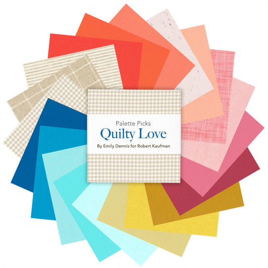 Quilty Love Palette Fat Quarter Bundle Emily Dennis for Robert Kaufman Fabrics- Kona, Essex, Manchester and Gingham- 20 Fabrics Total